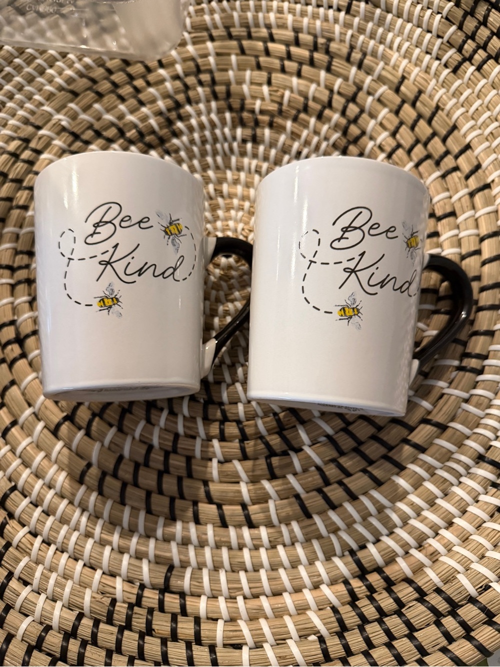 Bee Kind White Ceramic Mug Set (2) with Yellow Bee Accent